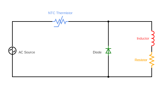 Circuit with AC Source, NTC Thermistor, Flyback Diode, Inductor, and Resistor